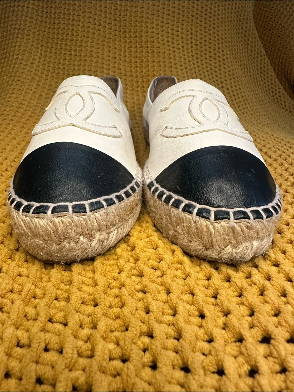 CHANEL Cream and Black Leather Espadrille Slip-Ons